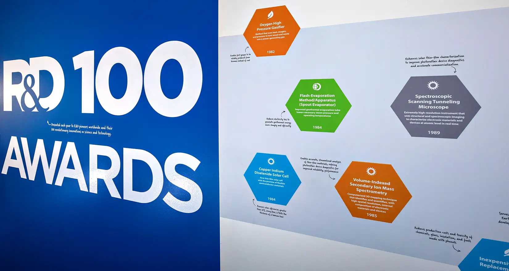 Wall displaying the text 'R&D 100 Awards' and various colored pentagons containing text.
