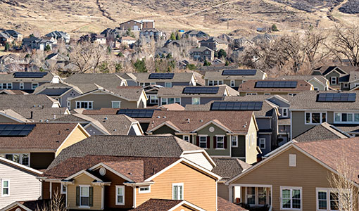 Residential rooftops with solar panels