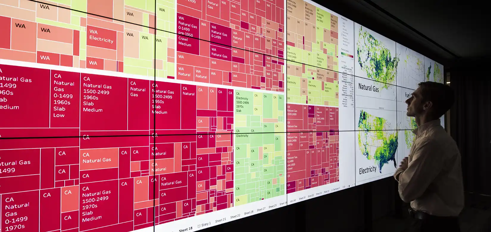 Researcher examines grid data on large display screen.