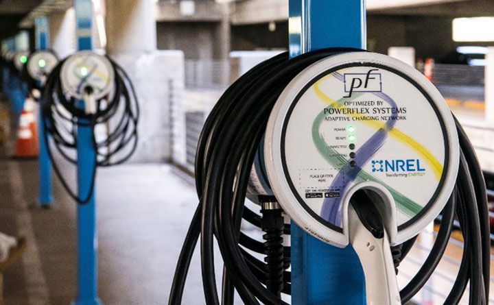 ev-charging-parking-garage Photo of electric vehicle charging stations in NREL's parking garage.