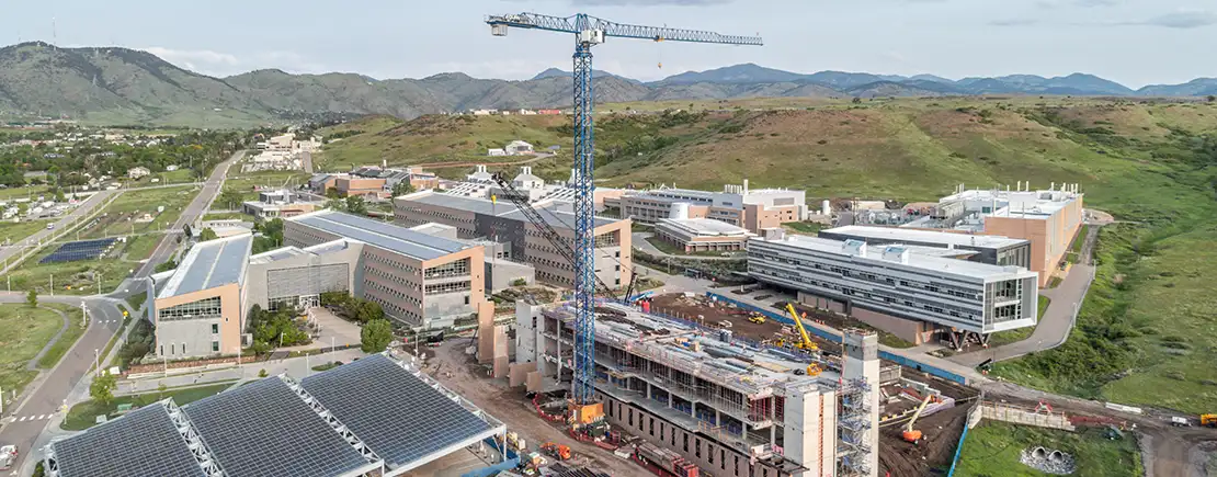 An aerial image of construction on the NREL campus.