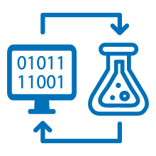 Icon showing a computer with binary code and a scientific beaker, with arrows indicating a cyclical process between them.
