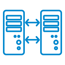 Icon of two computer servers with arrows showing data transfer between them.