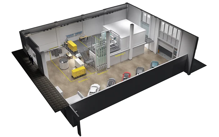 3D cutaway illustration of a large room