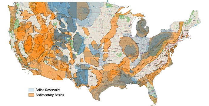 Map of the United States showing saline reservoirs and sedimentary basins.