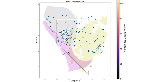State of Nevada outline showing plants and domains by nameplate capacity.