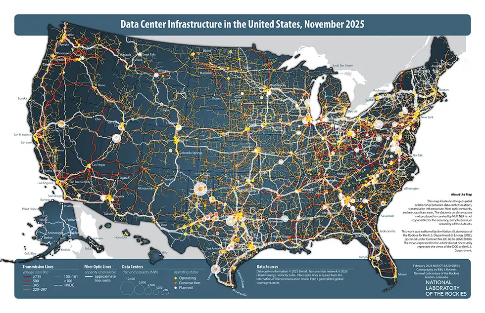 Map showing data center infrastructure in the United States, November 2025.