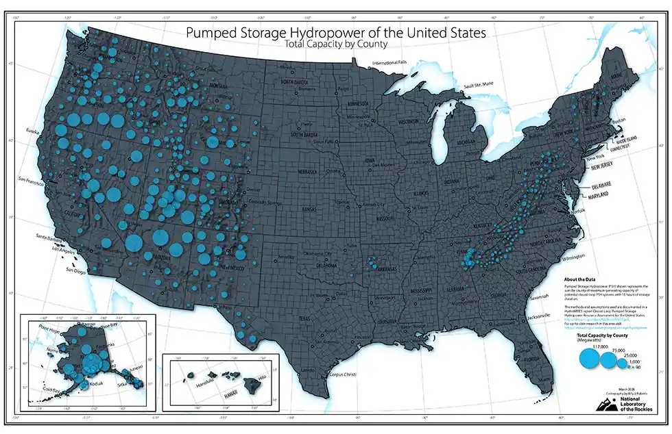 U.S. map of pumped storage hydropower capacity.