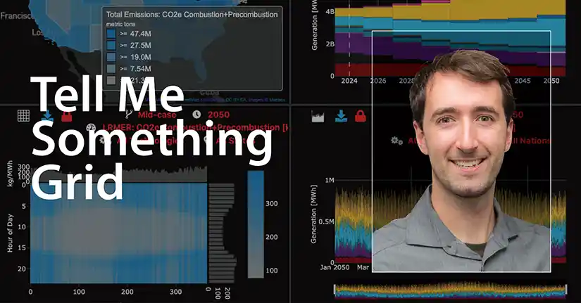 Headshot of a man with modeling simulations on a computer screen in the background and text 