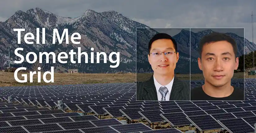 A photo of snowy mountains in the background with ground-mounted solar panels in the foreground. Two headshots of men are overlayed with the text Tell Me Something Grid on the left.