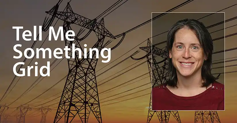 Headshot of a woman with Tell Me Something Grid text to the left.