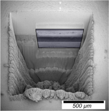 Microscopic laser PFIB cross-section showing a milled trench and horizontal material layers, with a 500 micrometer scale bar.