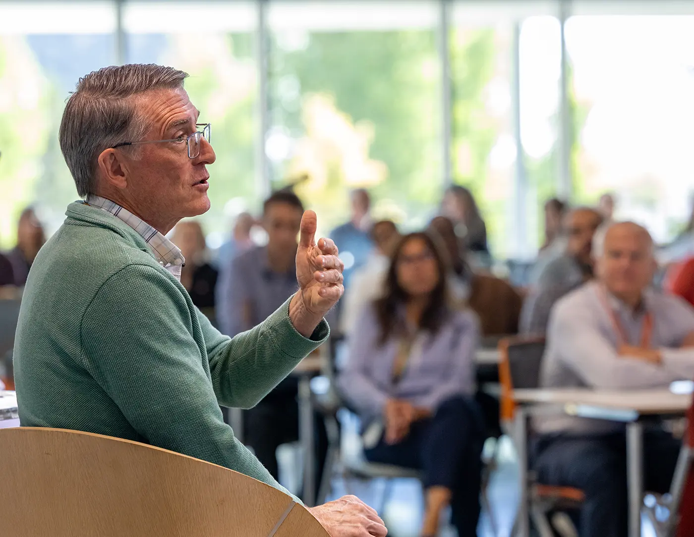 Jud Virden speaks to employees.