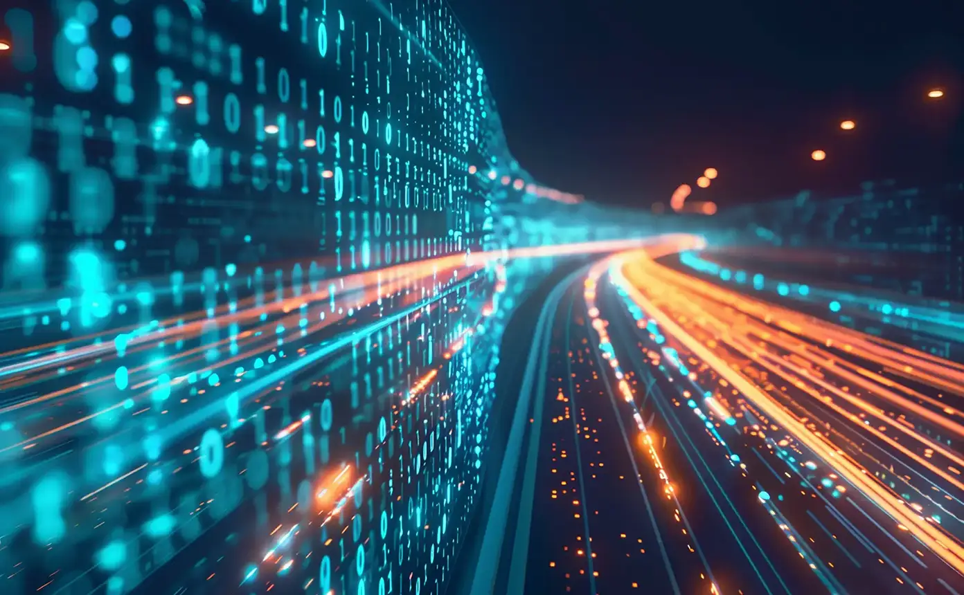 Streams of digital binary data flow over a dark digital highway