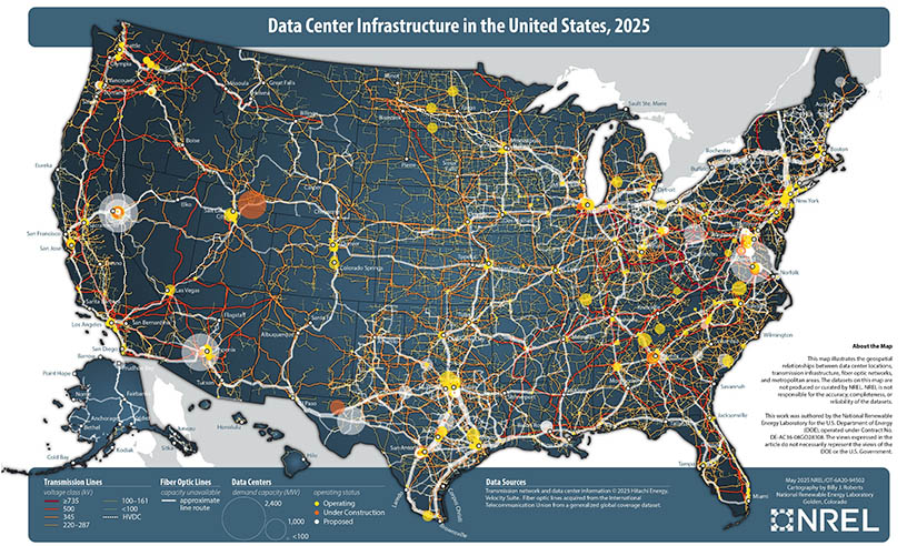 20250605-powering-data-nrel-partner-forum-puts-everything-on-table-map A map of the United States with the text Data Center Infrastructure in the United States 2025