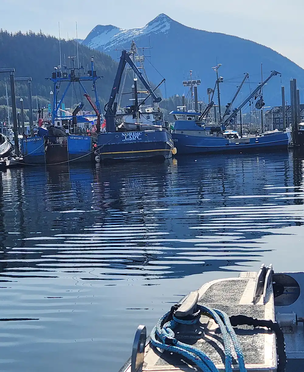 Boats docked in a bay with mountain peaks in the background.