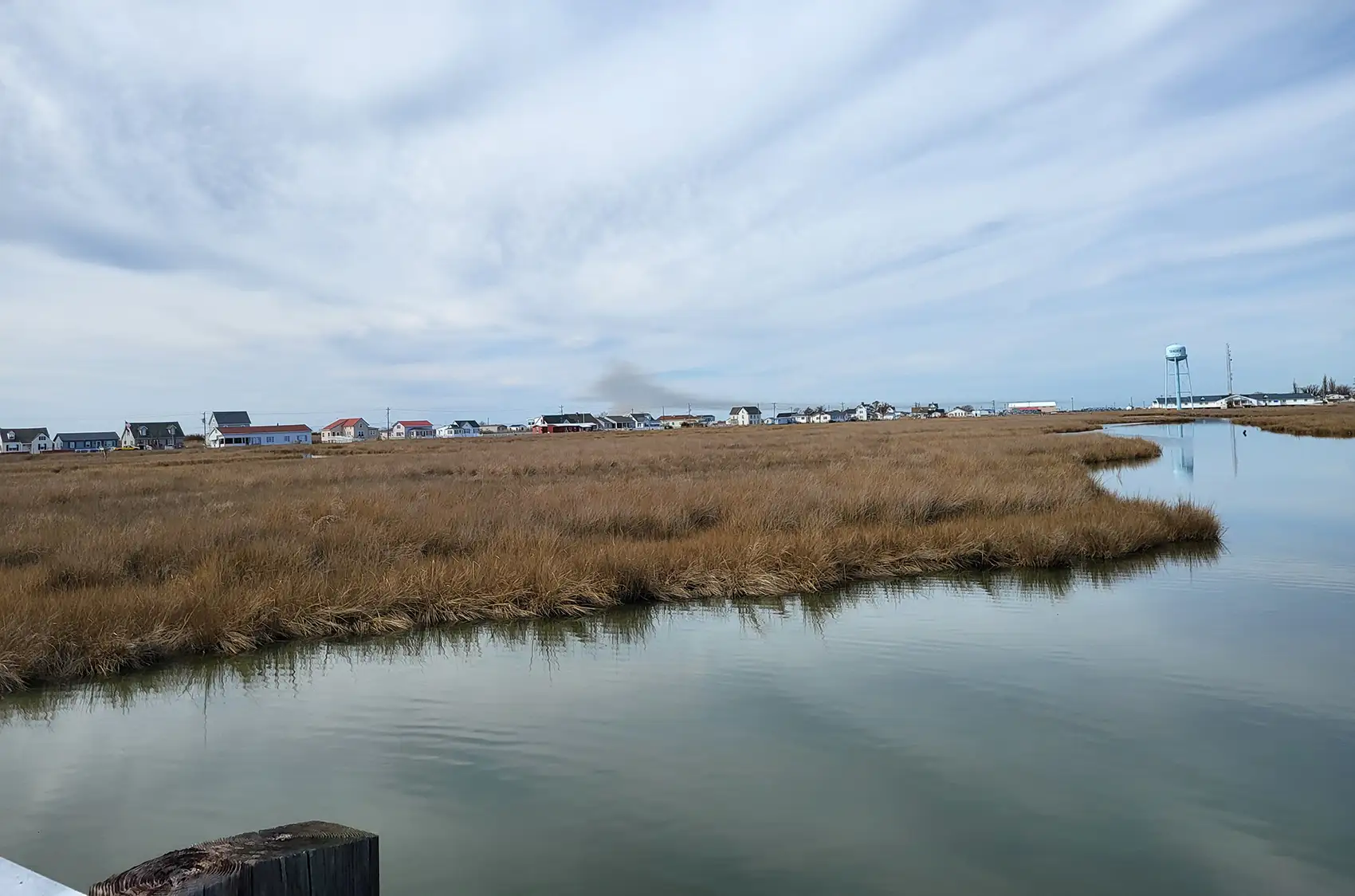 20260225-rising-above-the-tide-strategic-energy-planning-on-tangier-island-153350 A coastal marsh with a water tower and houses in the background.