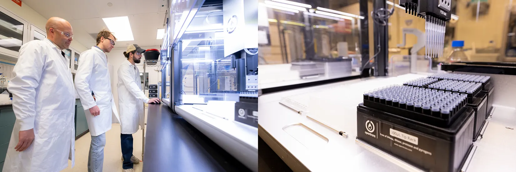 A researcher works with an automated liquid handler robot, which rapidly prepares samples, while two other researchers observe.