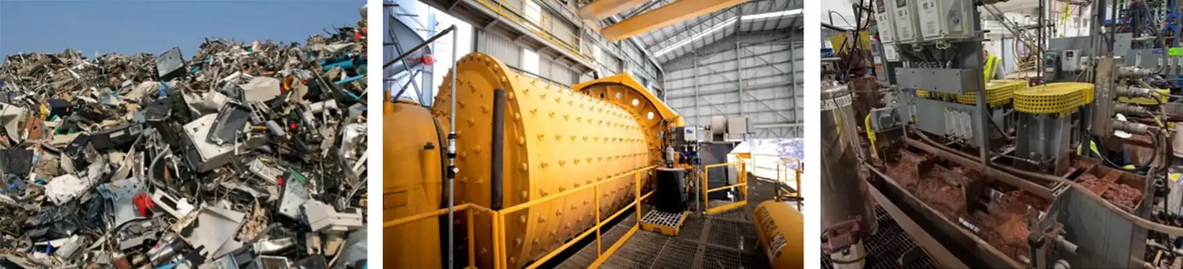 Three images of a landfill, machinery, and critical mineral processing equipment.
