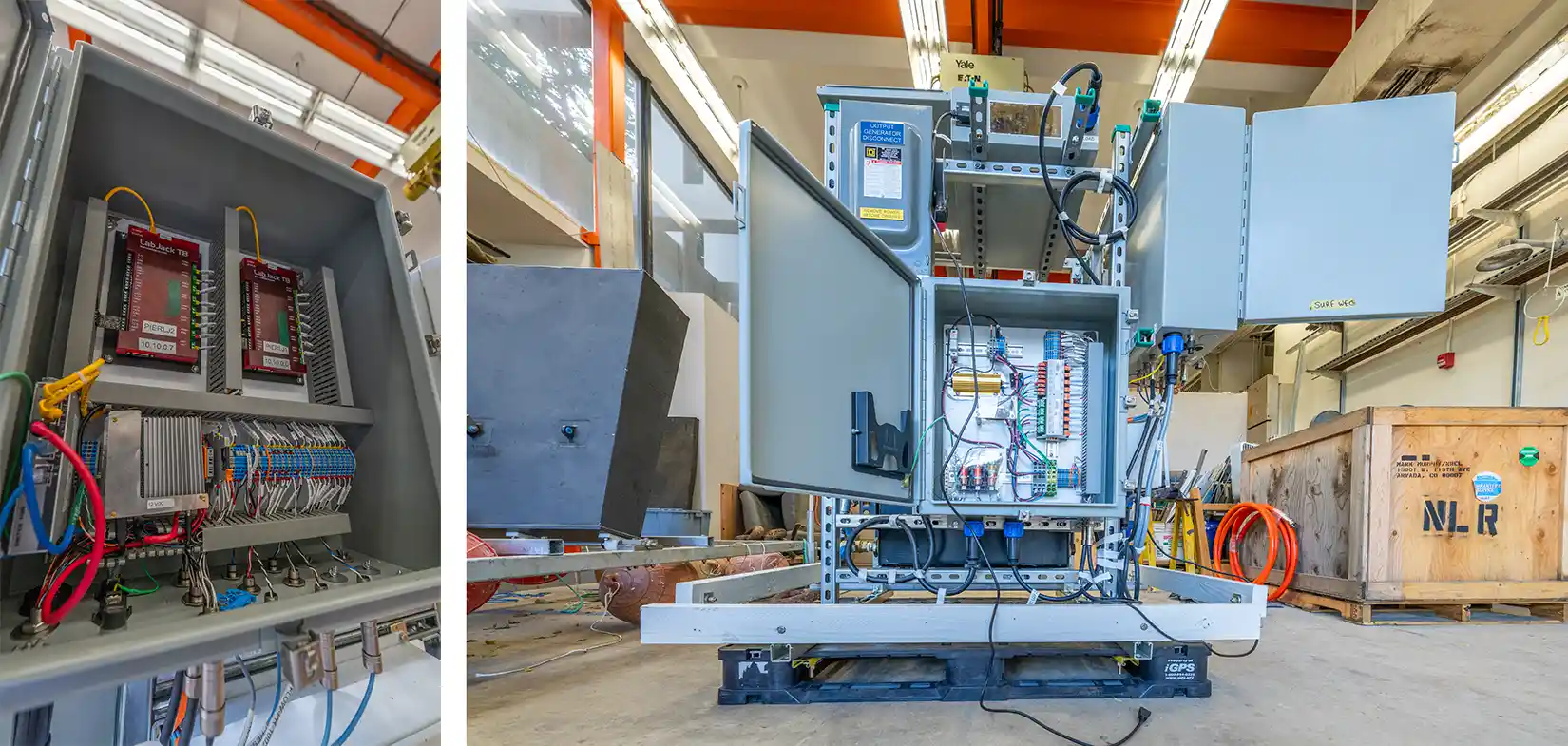 Close-up of the interior of NLR's MODAQ 2.0 system next to a photo of the full SURF-WEC's onshore enclosure.