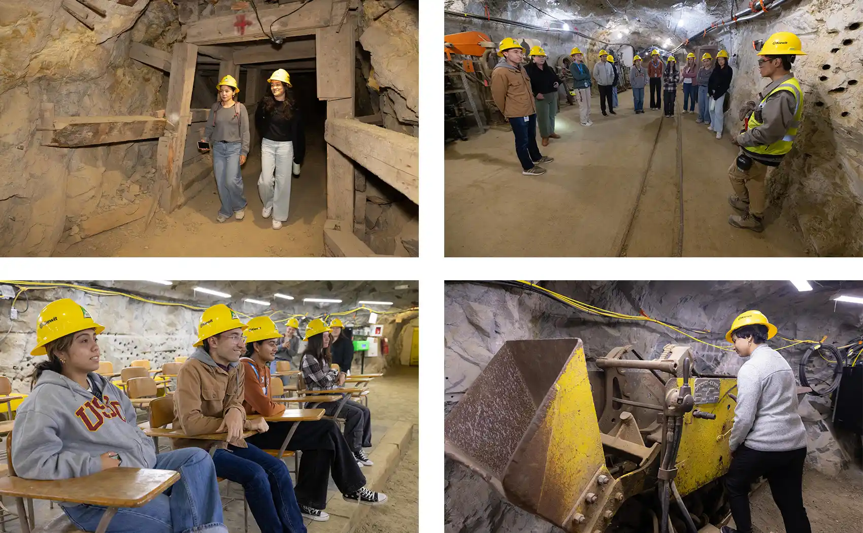 Four images of students exploring a mine shaft.