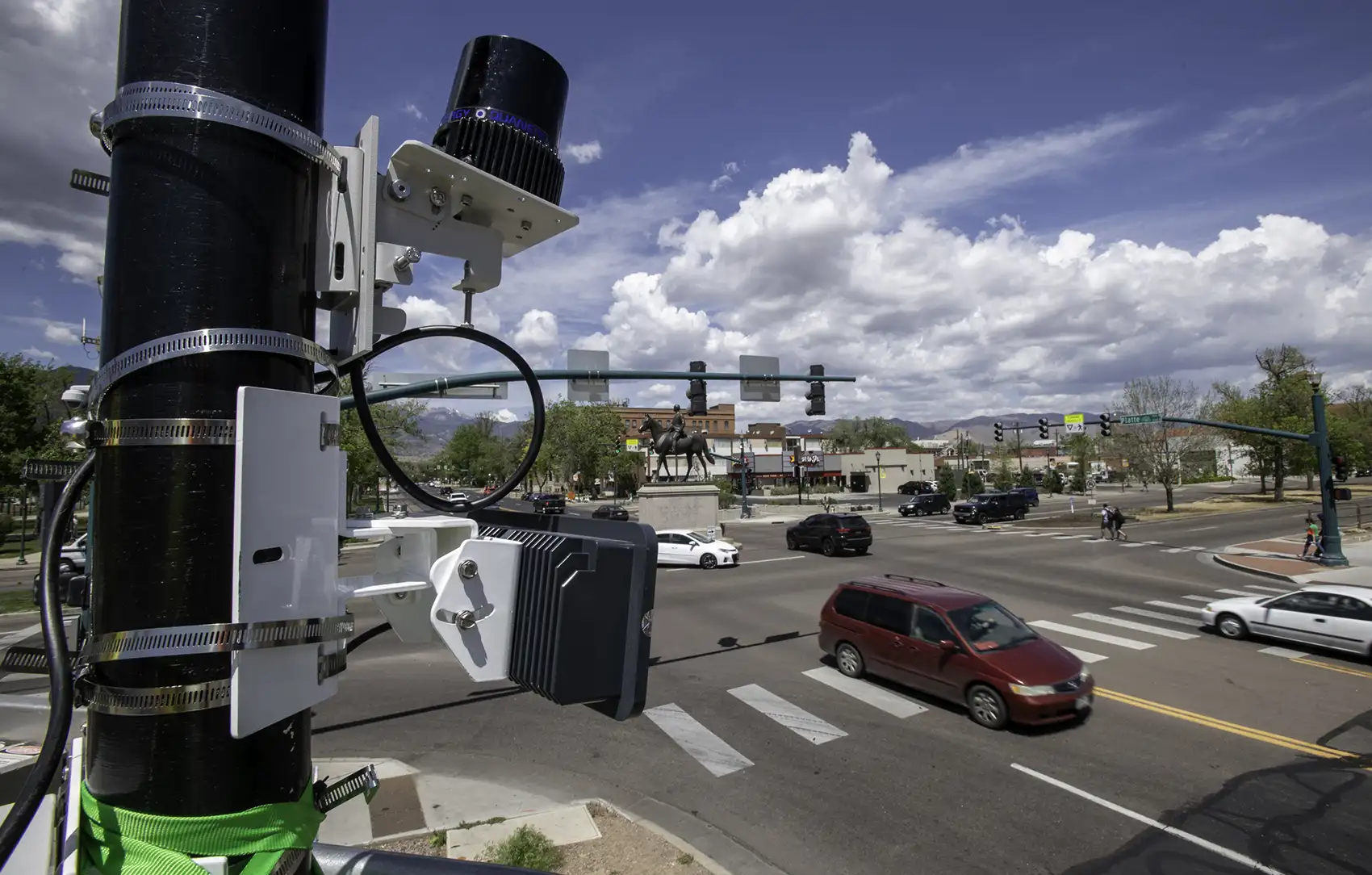 LIDAR sensors mounted atop a Colorado Springs Traffic Department vehicle are used to detect and gather data on traffic moving through the intersection.