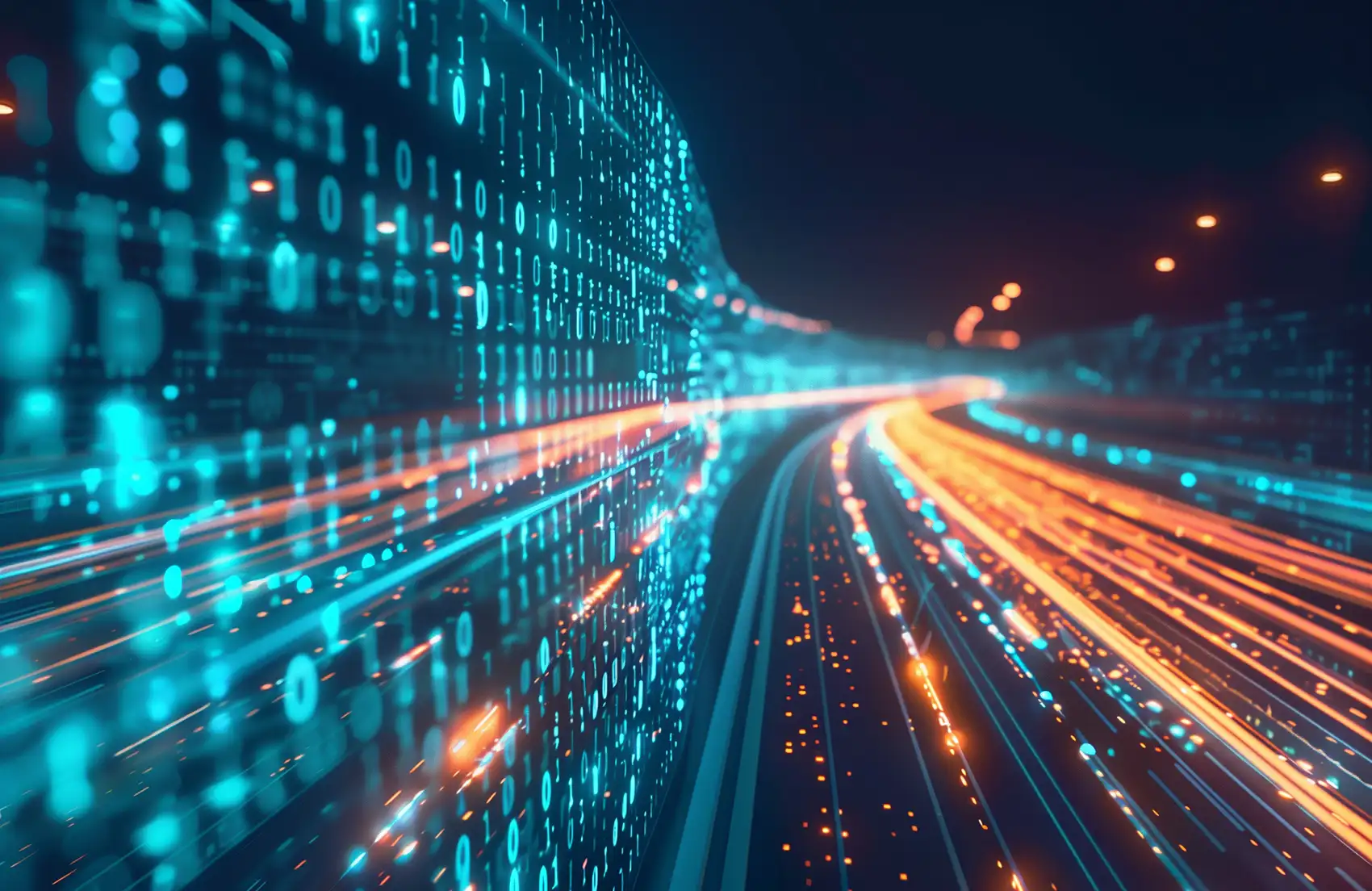 Streams of binary data follow a dark highway.