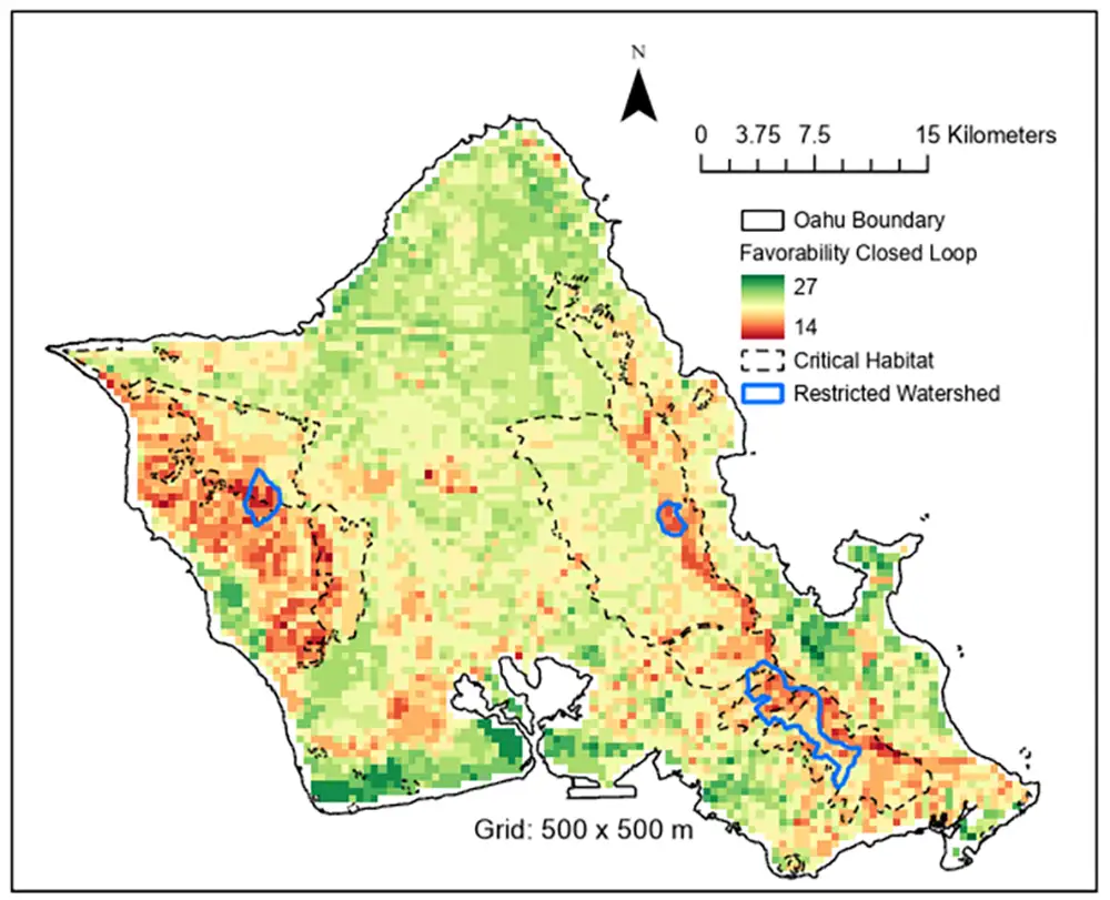 A map of Oahu with highlighted areas indicating closed-loop favorability.