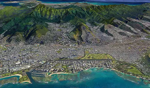 Continue reading about An aerial image of Oahu, from above Honolulu.