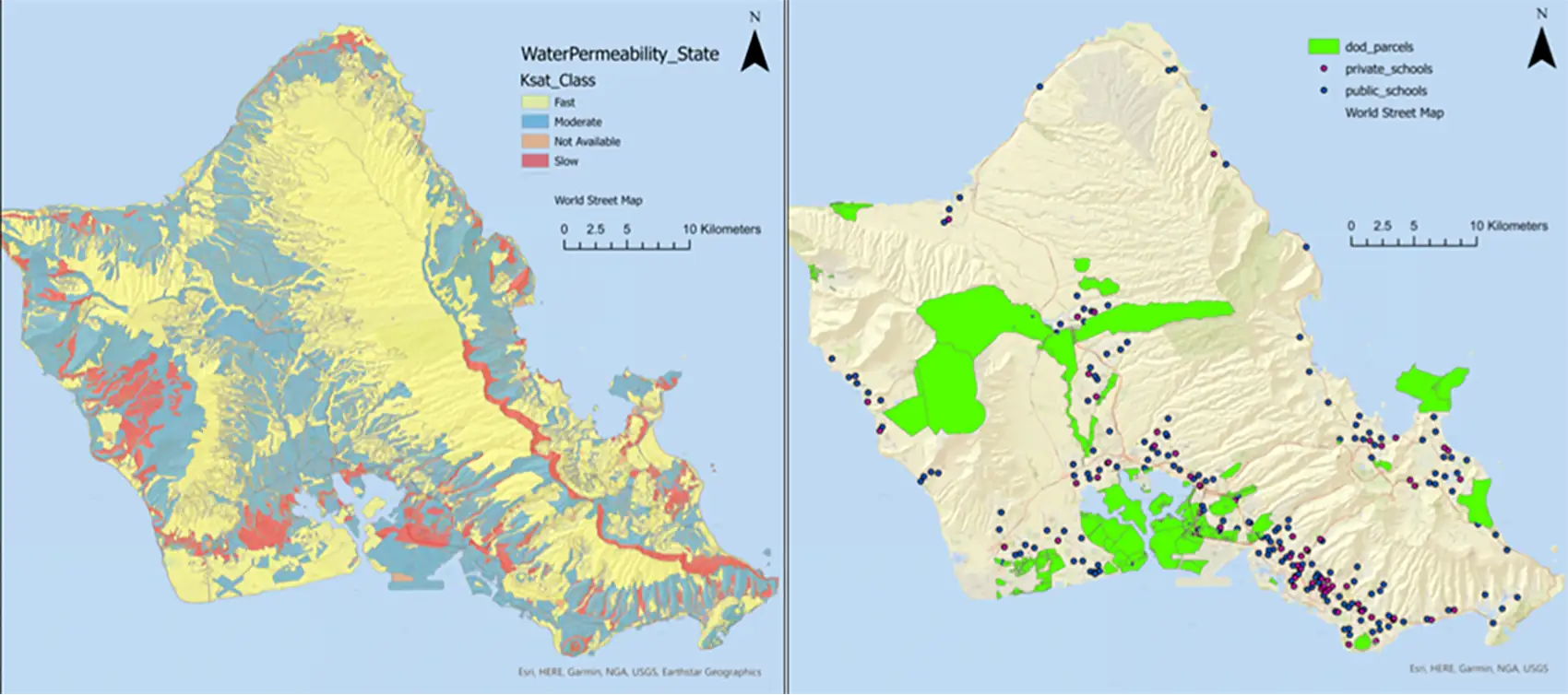 Two maps of Oahu indicating soil permeability zones and Department of Defense lands and public and private schools.