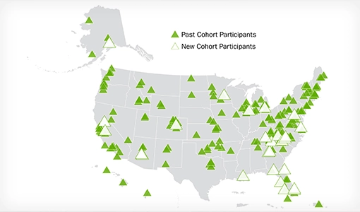 Continue reading about A map of the United States with icons showing the locations of Past Cohort Participants and New Cohort Participants