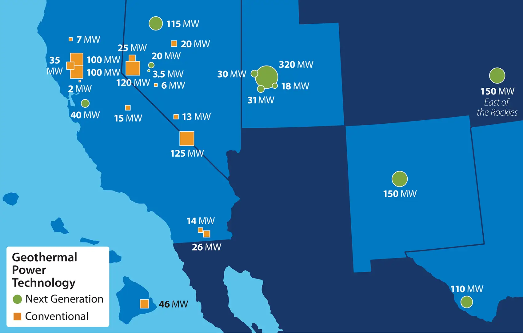 A map showing 26 different locations of geothermal power purchase agreements in multiple U.S. locations. The majority are in California, Nevada, and Utah.
