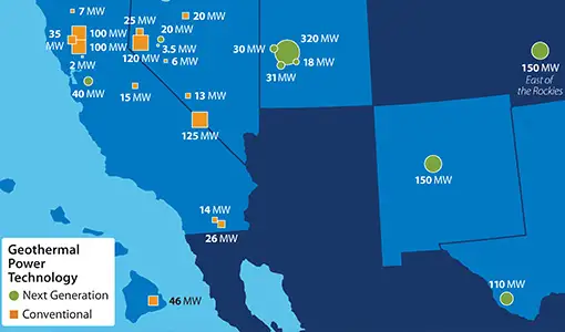 Continue reading about A map showing 26 different locations of geothermal power purchase agreements in multiple U.S. locations. The majority are in California, Nevada, and Utah.