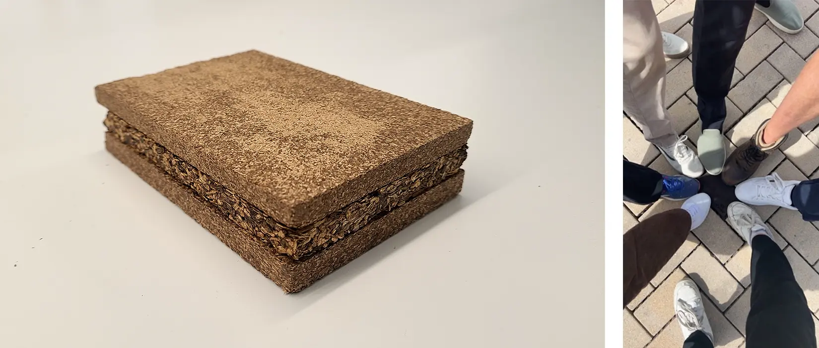 (left): a block of engineered wood; (right): a circle of 8 people's right feet coming together in the middle