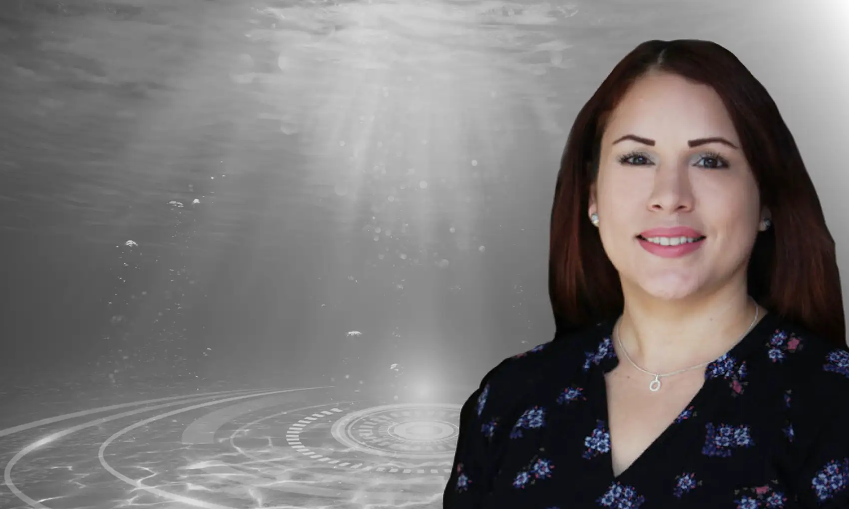 eadshot of Glorynel Ojeda Matos overlaid on a black-and-white underwater graphic.