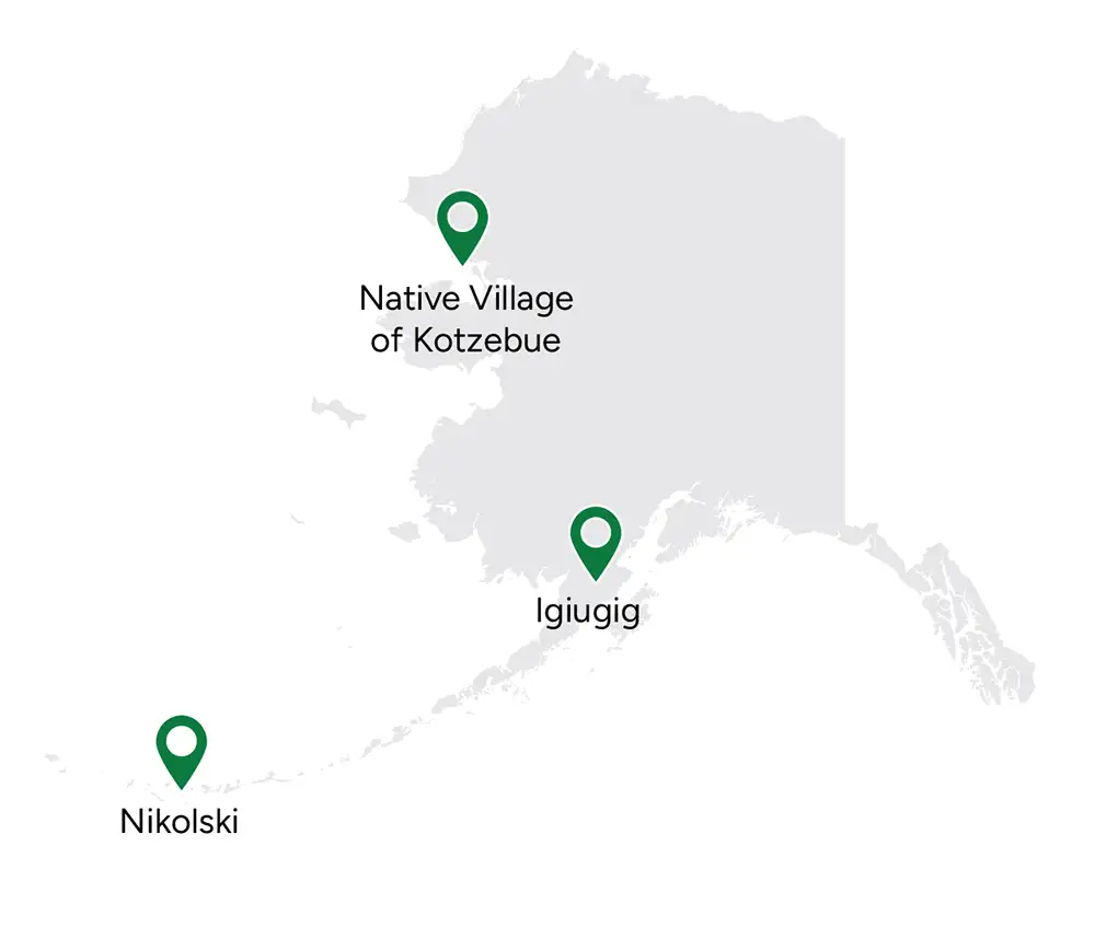 20260224-remote-control-rural-alaska-communities-seek-nuanced-solutions-to-energy-system-challenges-doe-map A map of Alaska with three labeled locations.