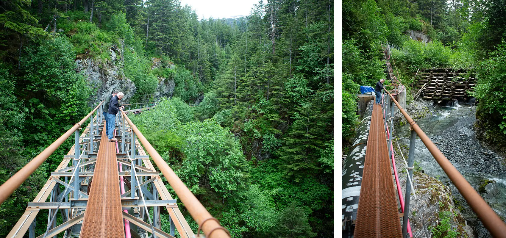 A person stands on a bridge overlooking a lush valley. On the right, a person on a bridge looks at a dam in a river.