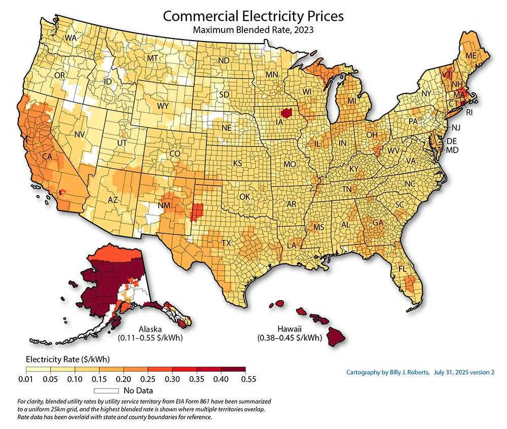 A map of the United States showing a range of white, yellow, orange, and red colors to indicate electricity prices in that area in dollars per kilowatt hour
