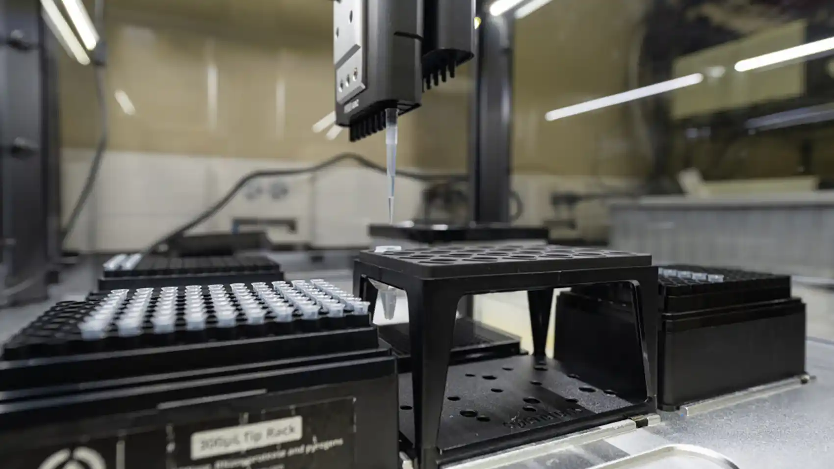 Robotic liquid handler (Opentrons OT-2) setting up a multiplexed protein assay.