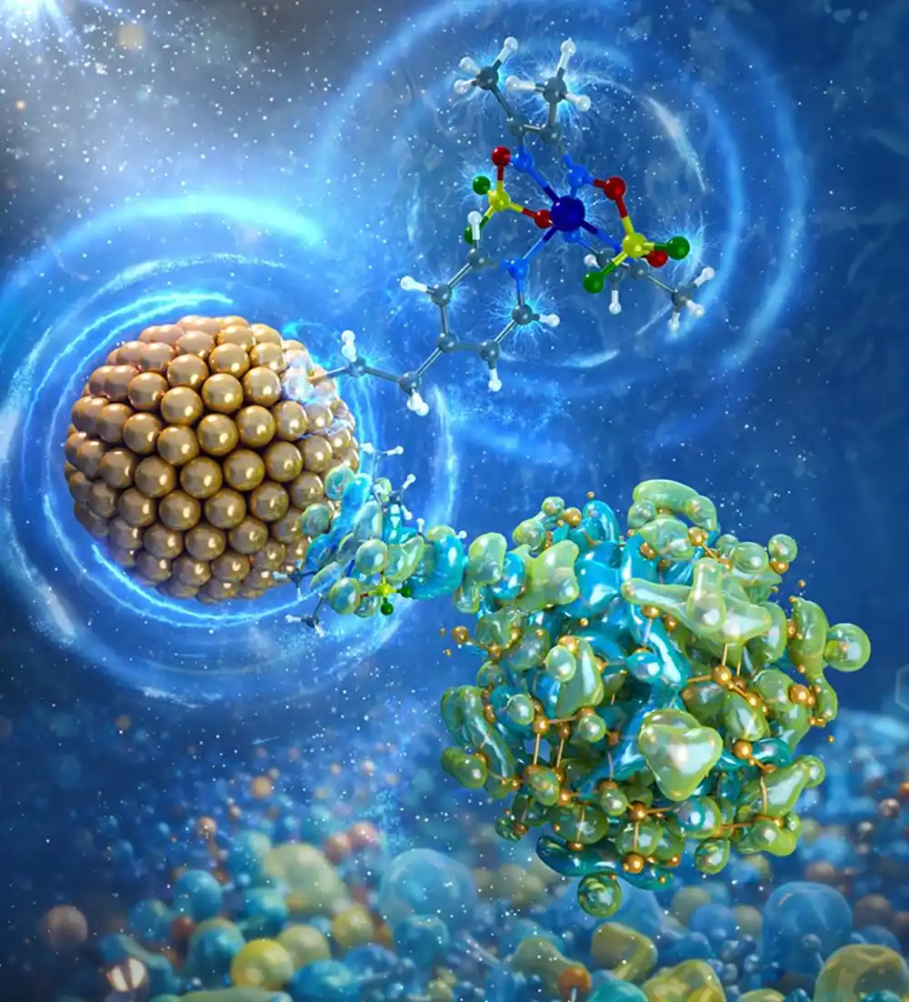 An artistic 3D rendering of the semiconductor-molecular catalyst hybrid system.