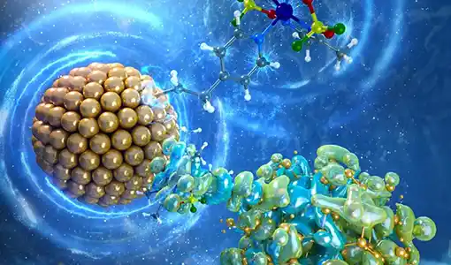 An artistic 3D rendering of the semiconductor-molecular catalyst hybrid system.