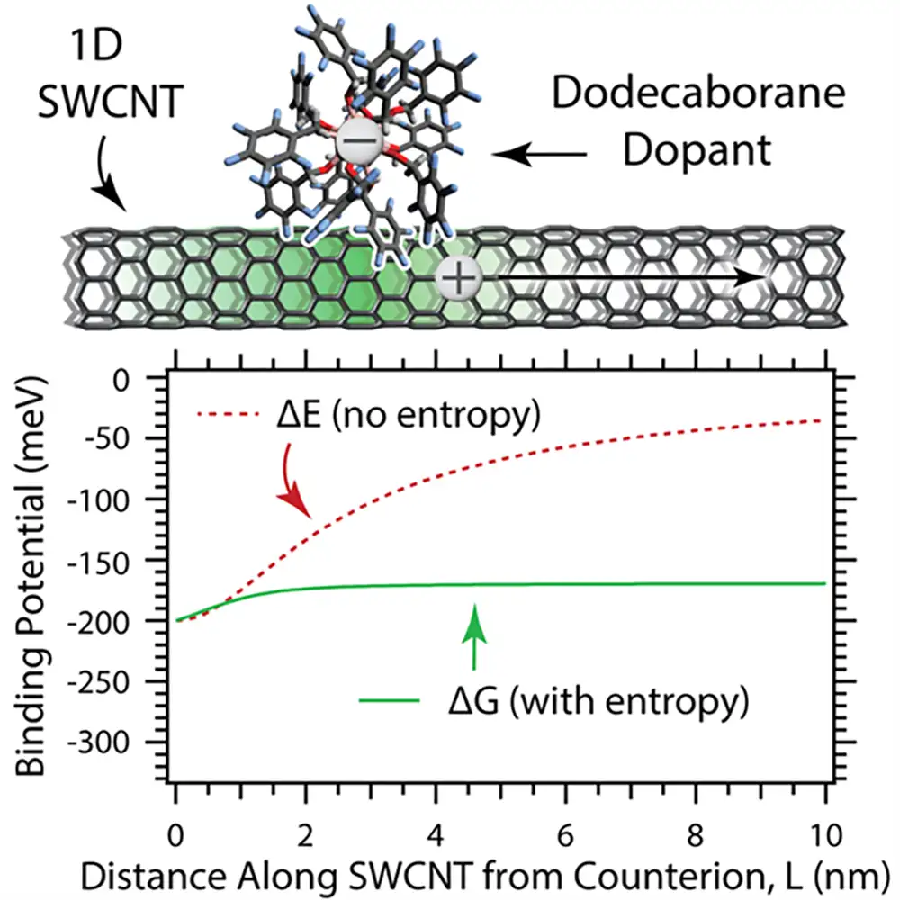 20260630-entropy-facilitates-charge-separation-even-in-one-dimensional-semiconductors Figure illustrates a carbon nanotube with a negatively charged dodecaborane chemical structure attached to it and a positive charge moving along the nanotube away from the dodecaborane.
