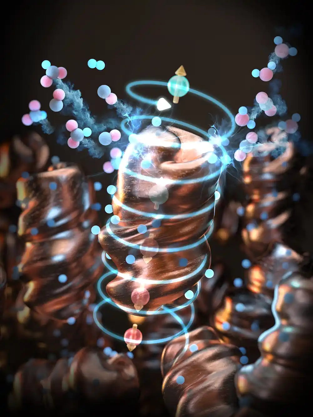 20260804-going-chiral-how-chiral-copper-selectively-catalyzes-production-of-valuable-carbon-products Illustration of several cylindrical copper shapes.
