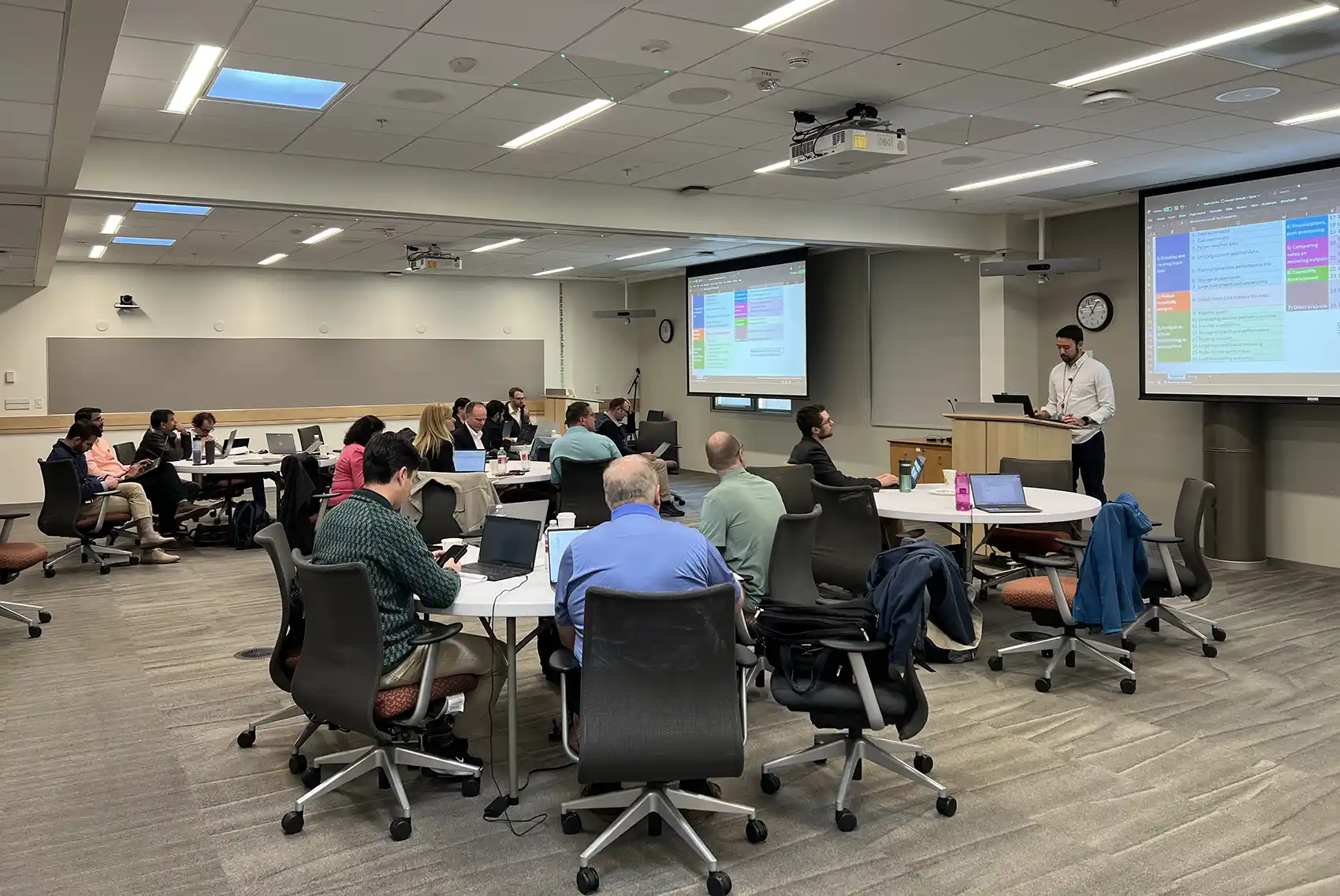 20260818-nlr-and-north-american-electric-reliability-corporation-launch-partnership-to-advance-north-american-grid-reliability-5456 A group of people sitting around tables in a room while a person stands at a podium giving a presentation.