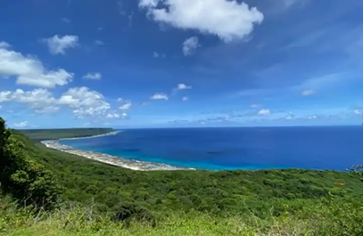 Aerial view of a lush green coastline meeting vivid blue ocean water under a partly cloudy sky.