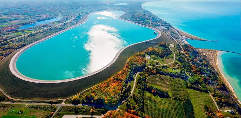 Aerial view of Ludington pumped storage hydropower facility.