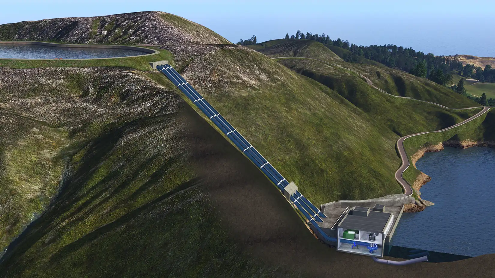 Illustration of pumped storage hydropower facility showing an upper and lower reservoir.